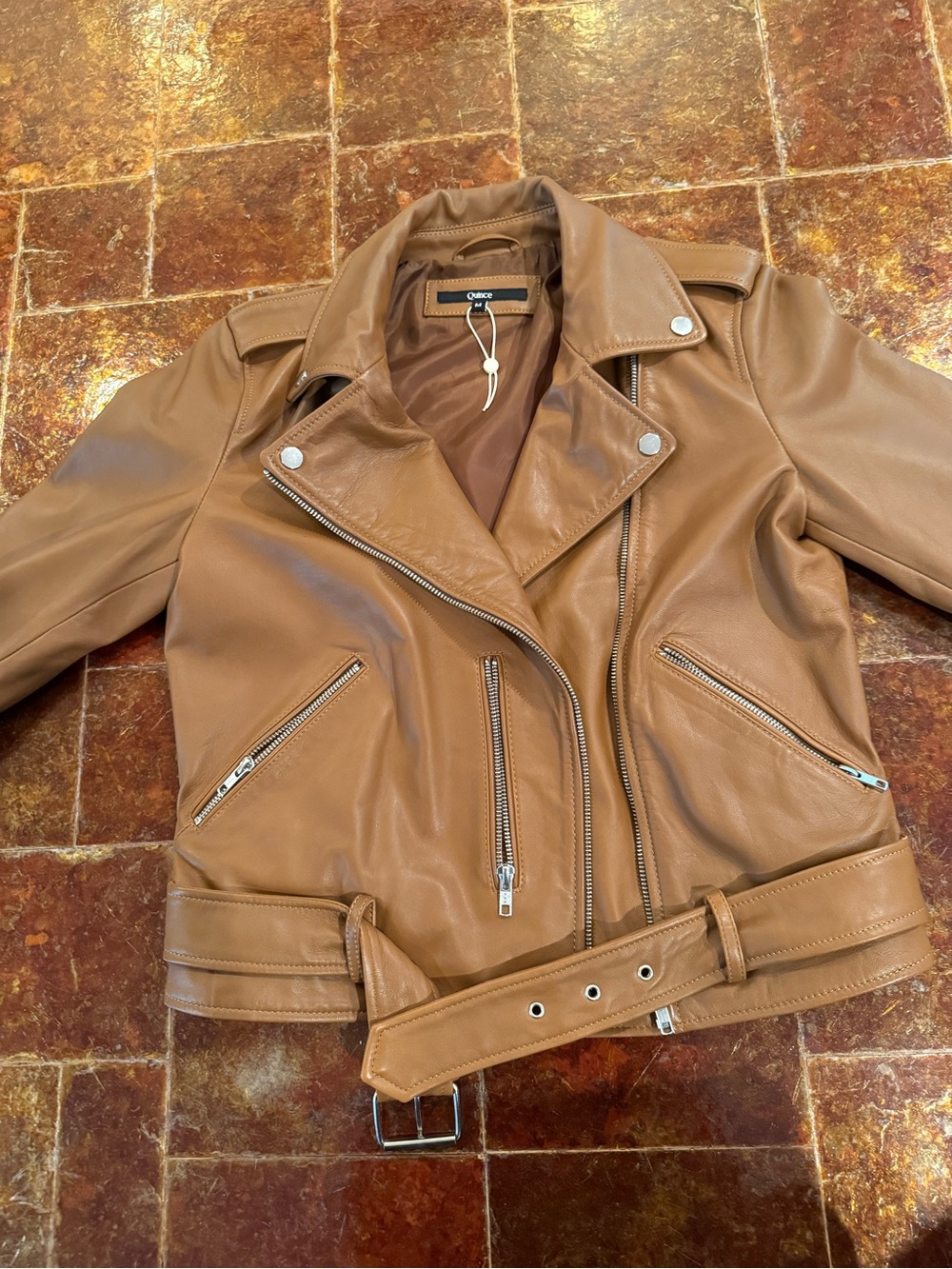 Quince Cognac Brown Leather Moto Jacket
